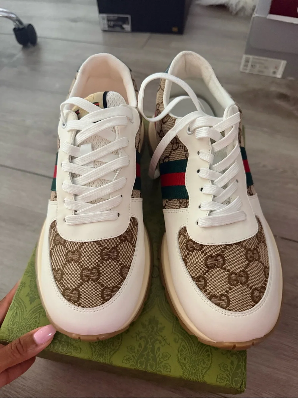 Gucci White Leather & GG Canvas Sneaker with Green-Red-Green Stripe